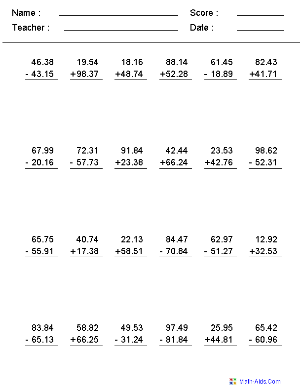 Math Adding and Subtracting Decimals Worksheet Image
