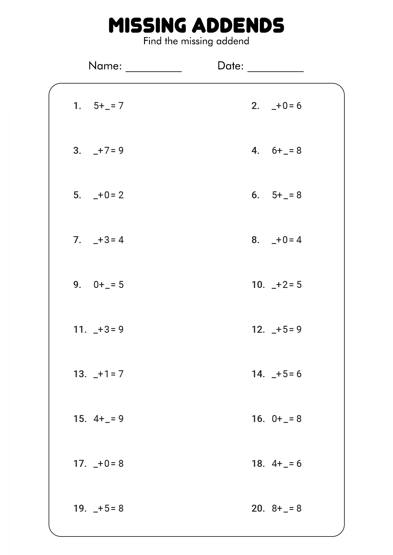 Missing Number Addition Worksheet First Grade