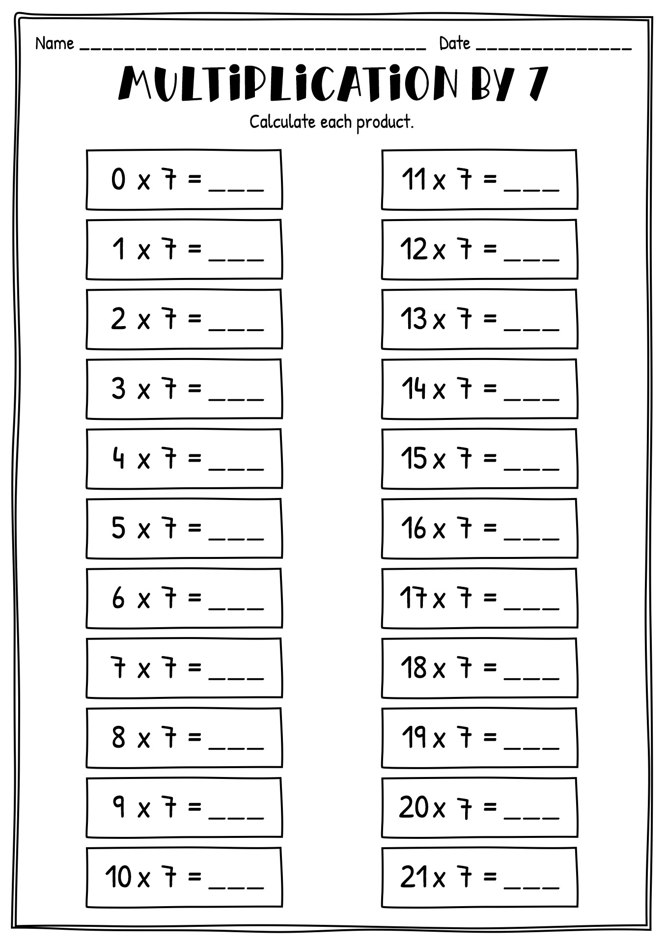 Multiplication by 7s Worksheet