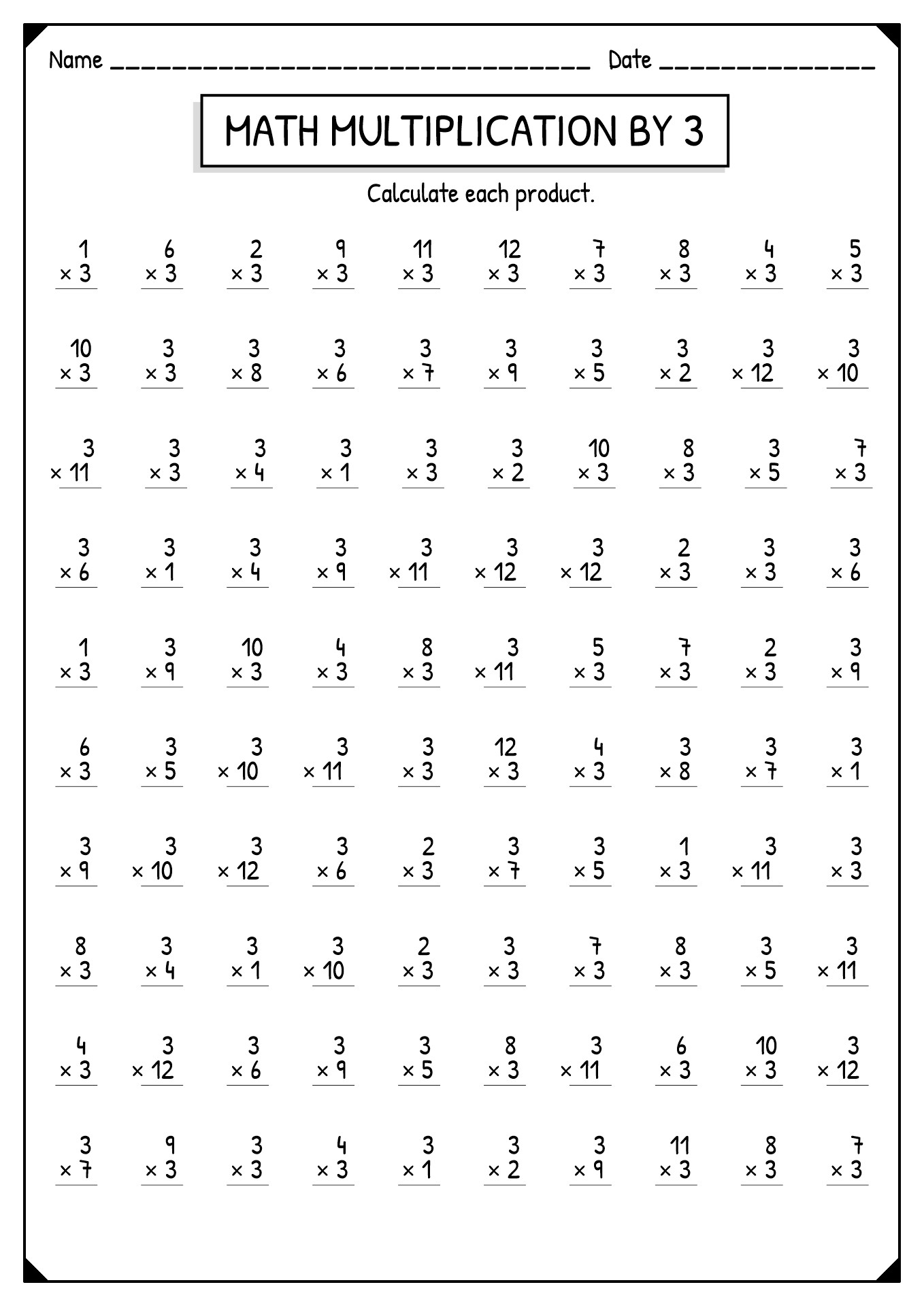 Multiplication Worksheets by 3