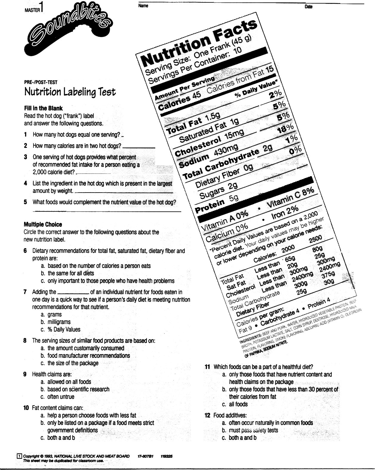 Nutrition Label Worksheet Image