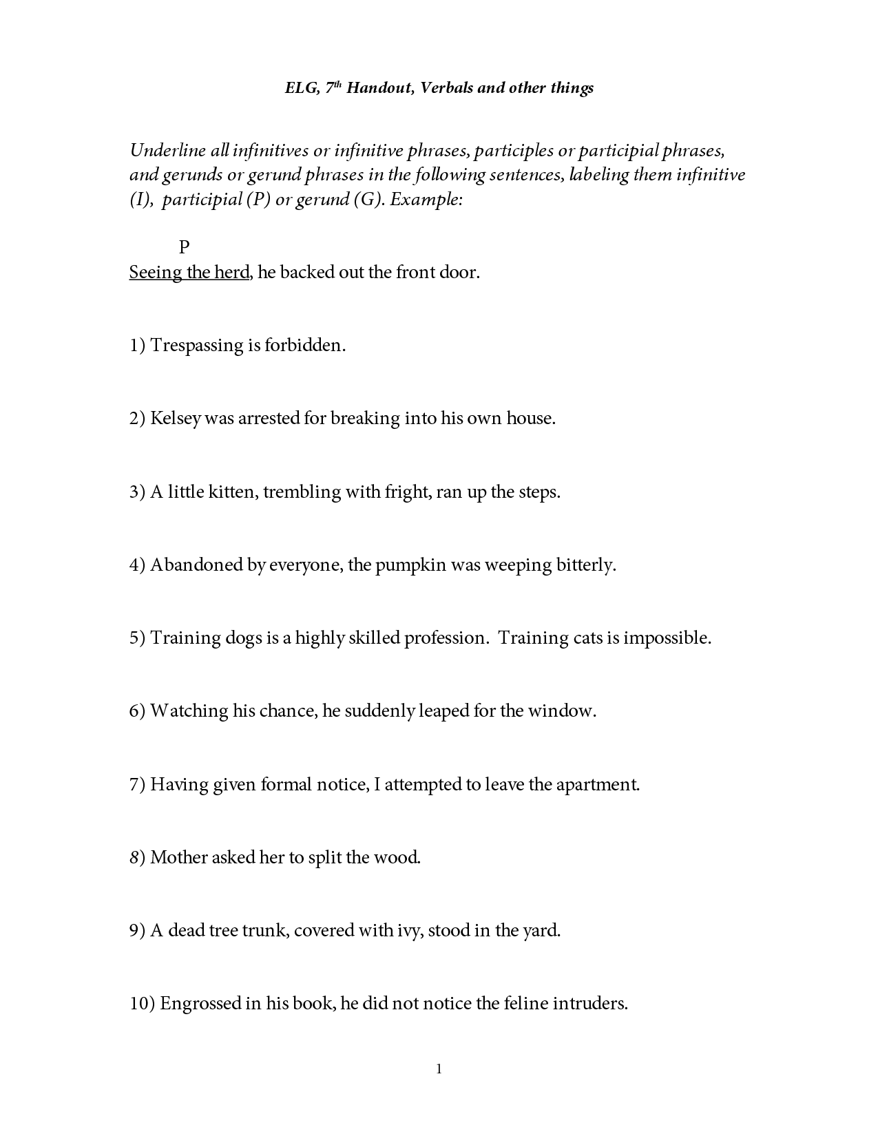 Participle And Participial Phrases A Worksheet Answers