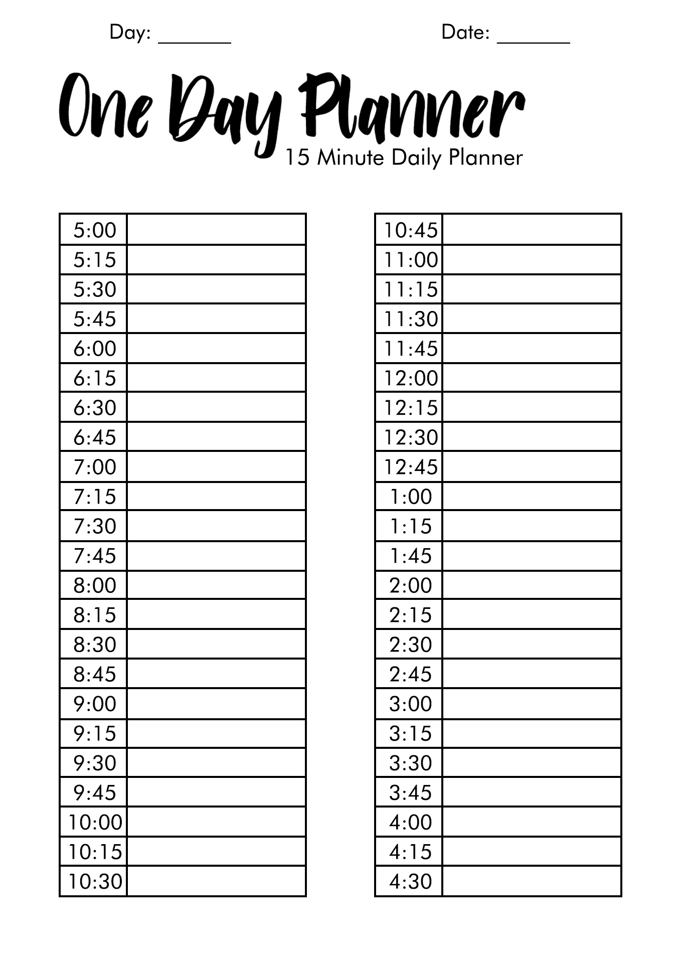 Printable Daily Schedule 15 Minute Increments