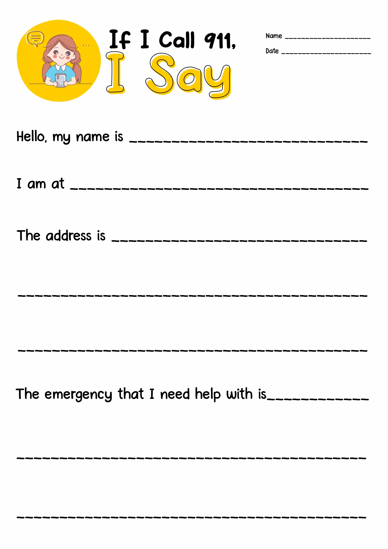 911 Emergency Worksheets for Kids Image
