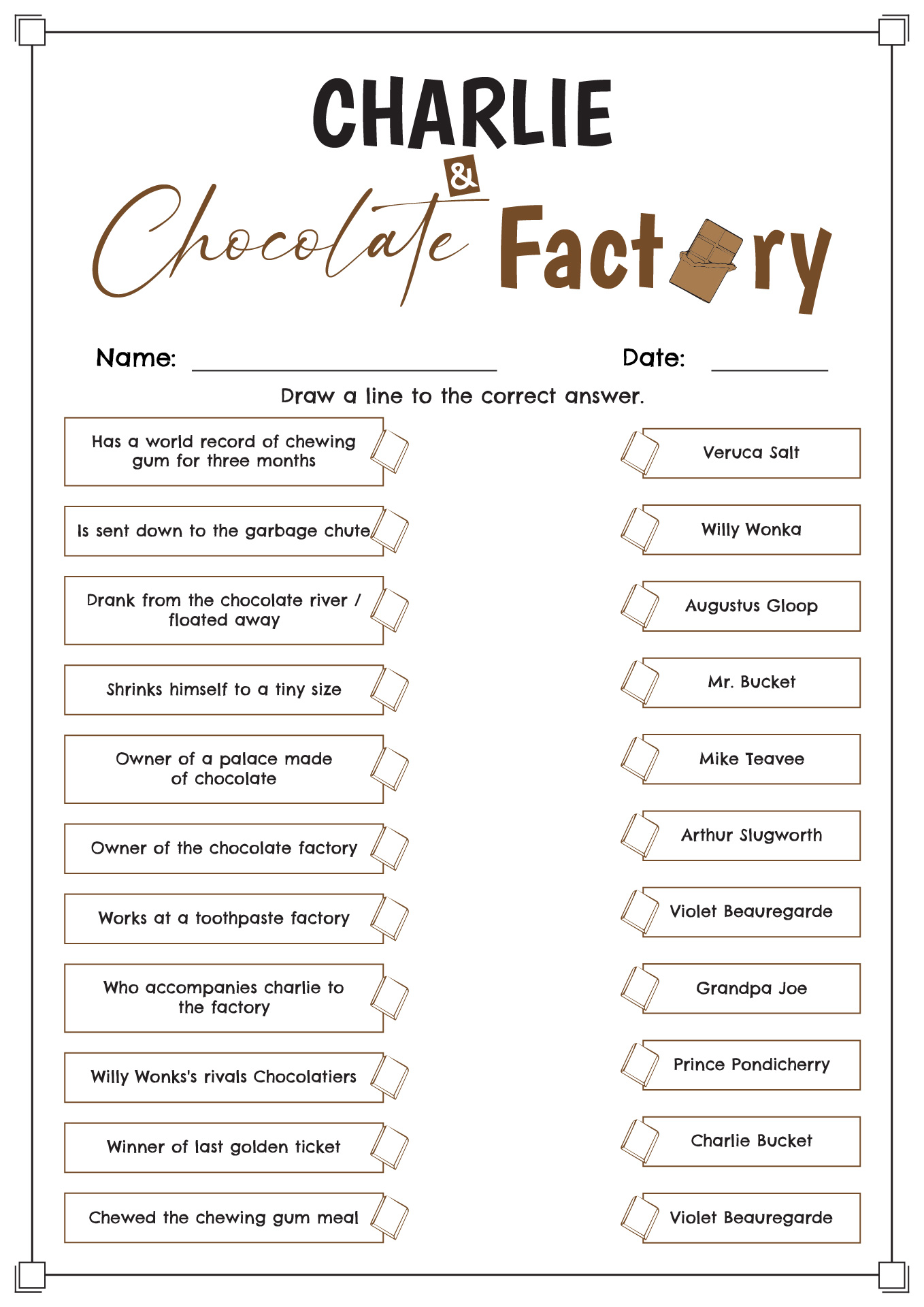 Charlie and Chocolate Factory Worksheets