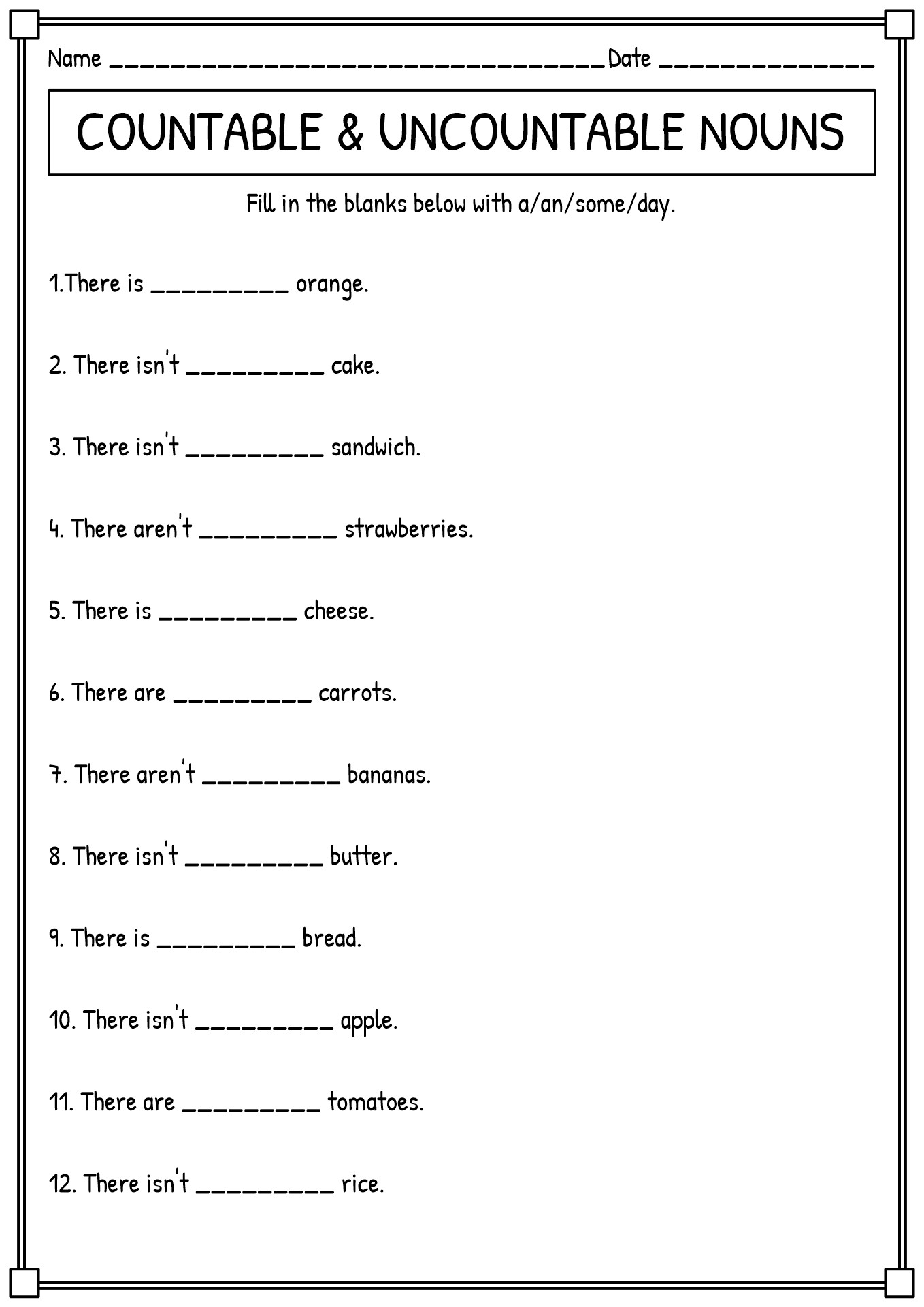 Countable and Uncountable Nouns Exercises