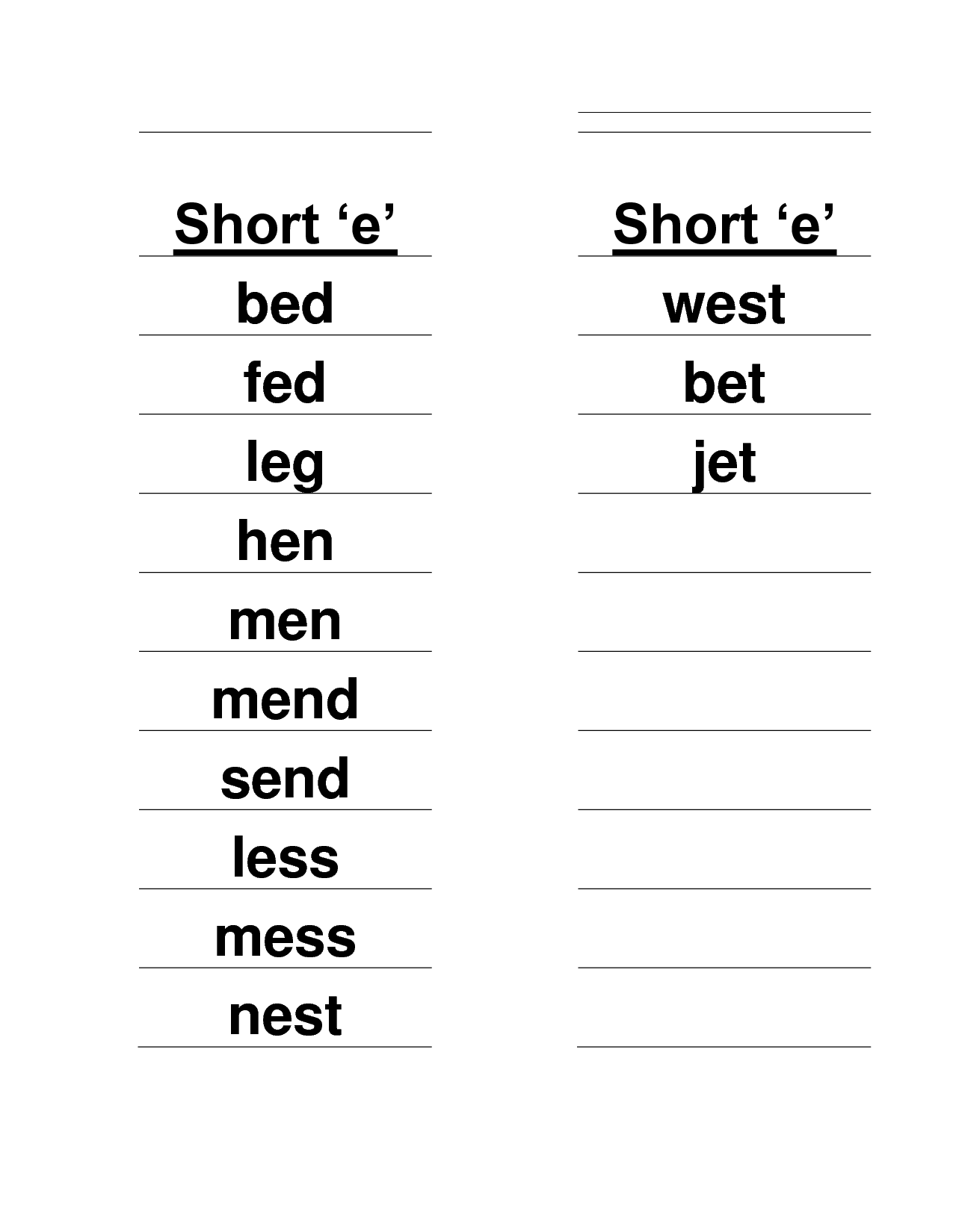 Short E And Long E Worksheets