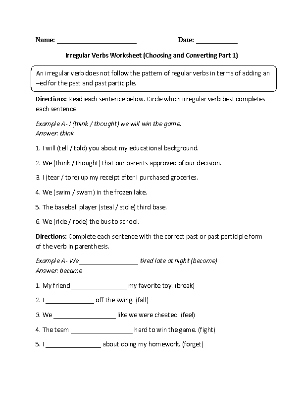 Irregular Verbs Worksheets Image
