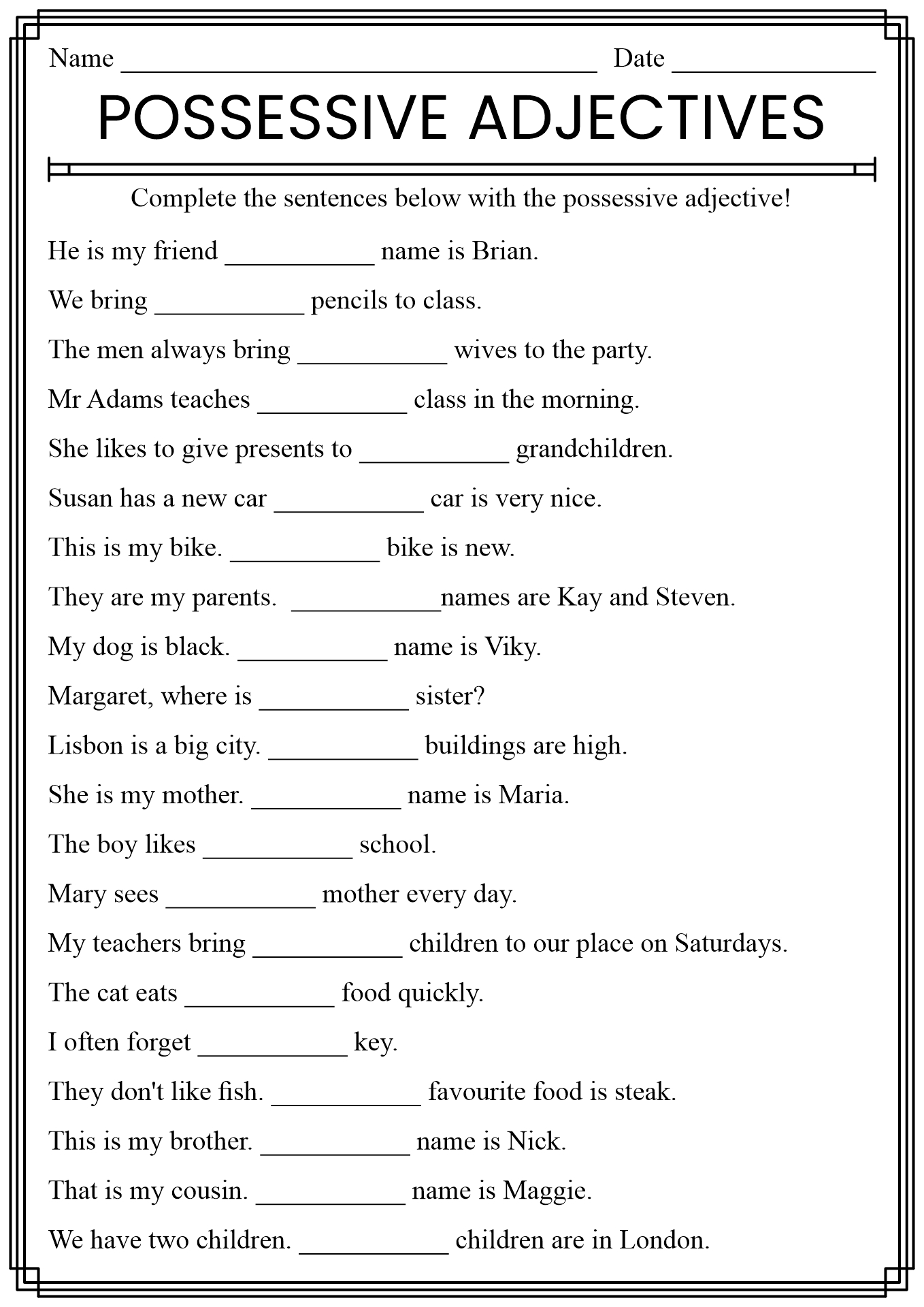 Possessive Adjectives Worksheets