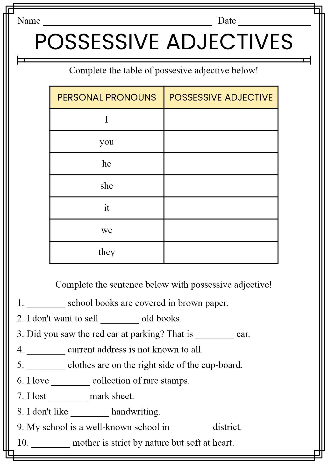 Possessive Adjectives Worksheets