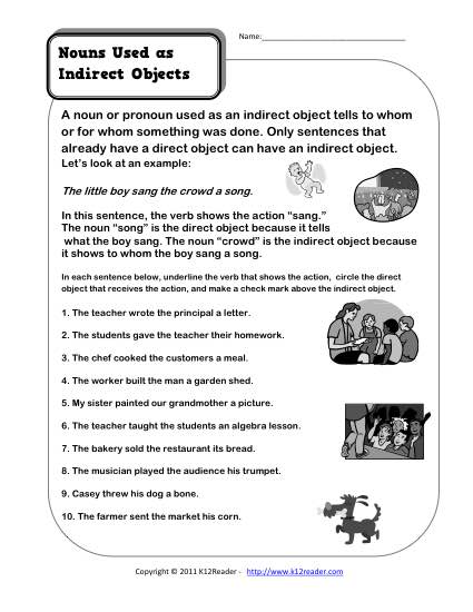 Subject Indirect and Direct Objects Worksheet Image