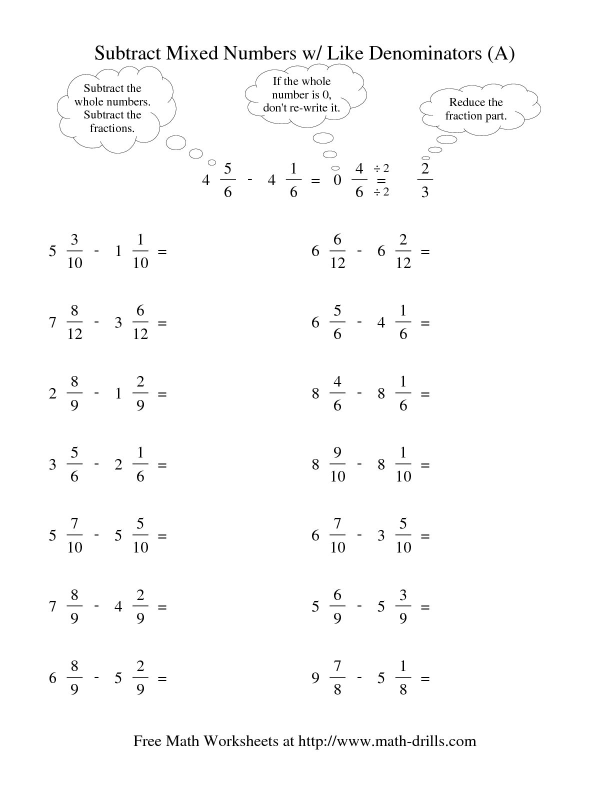 Adding And Subtracting Mixed Numbers With Whole Numbers