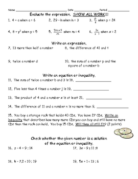 Writing Expressions and Equations Worksheets Image