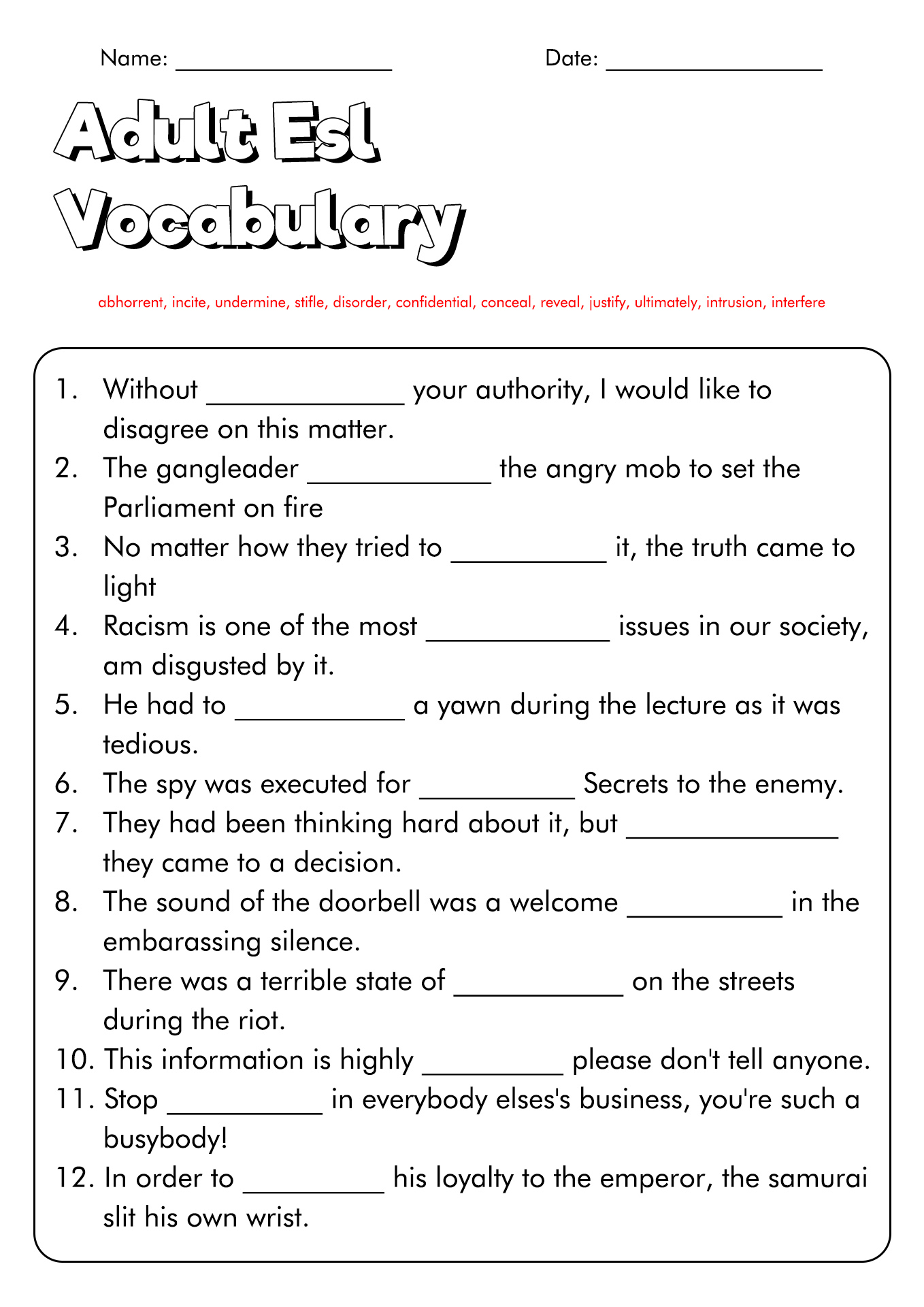 Adult ESL Vocabulary Worksheets