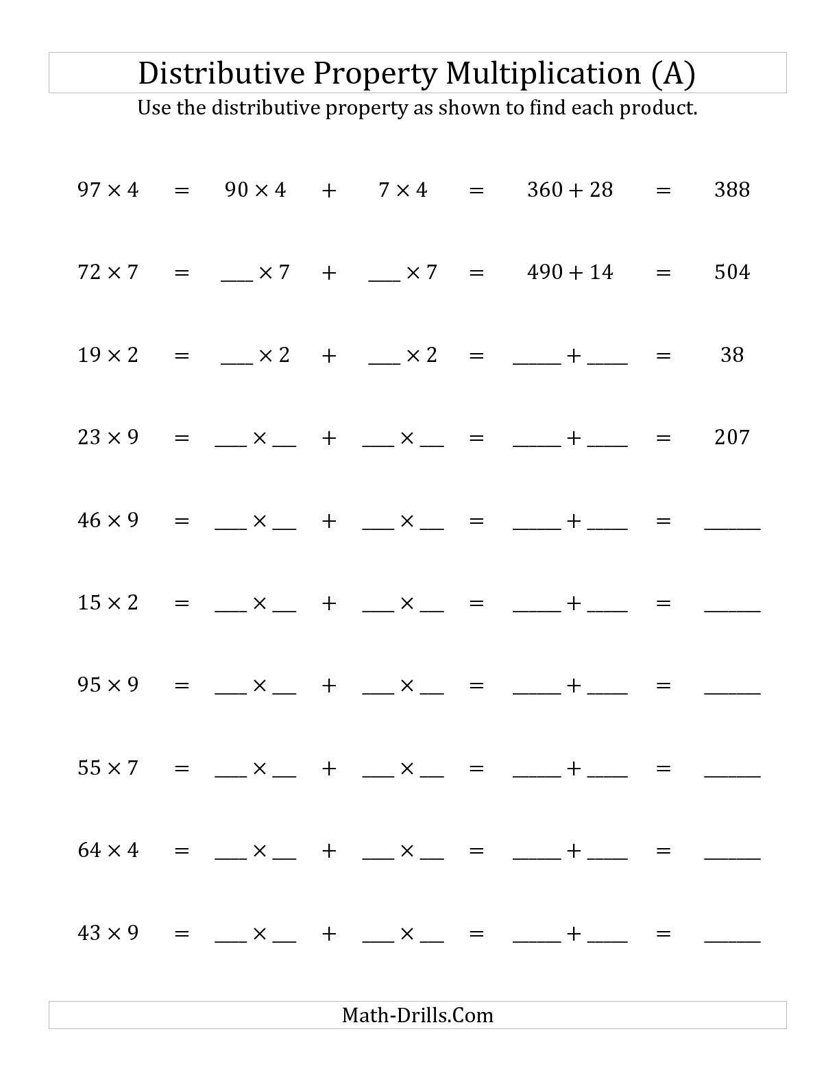 Distributive Property Of Multiplication Over Subtraction Worksheets