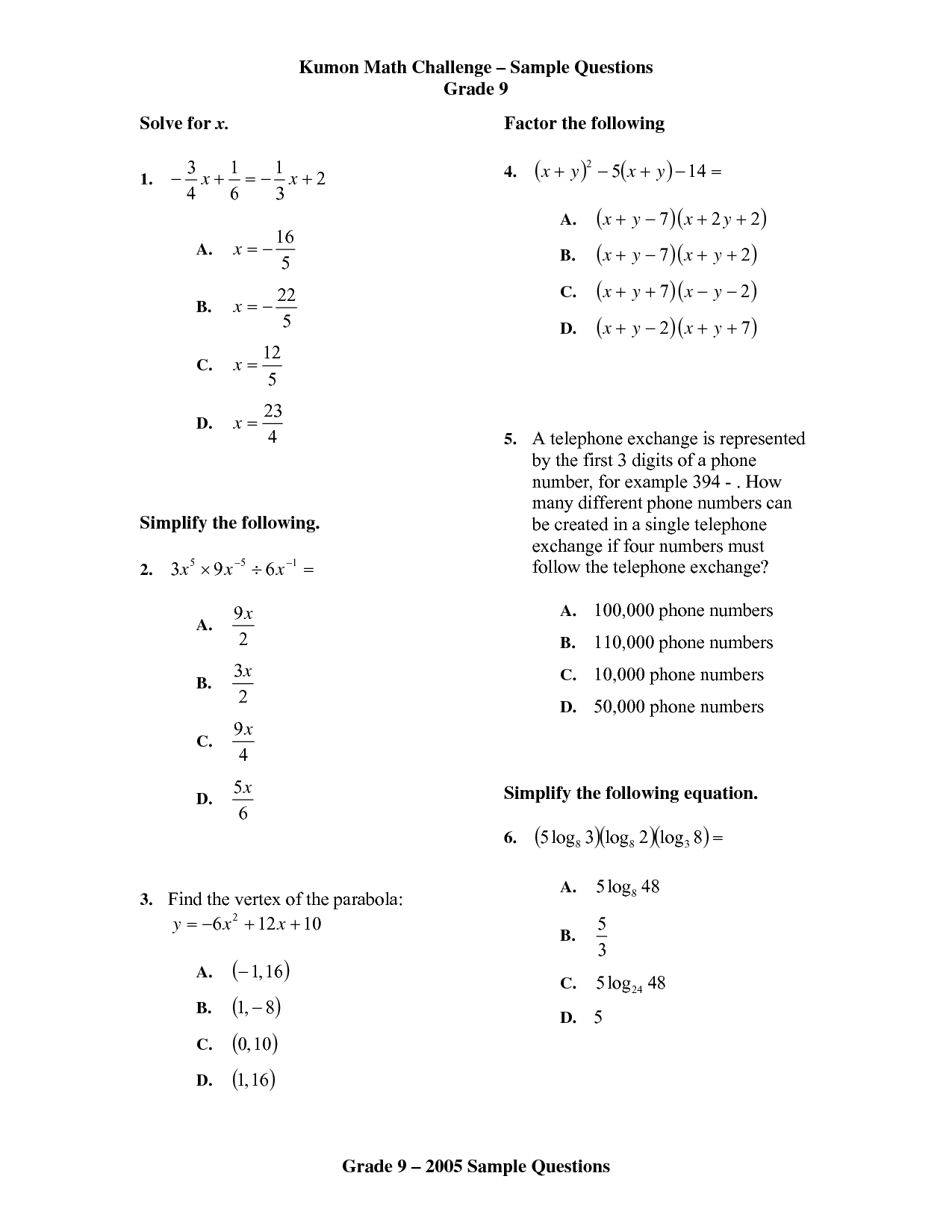 Kumon Answer Book Level I Math Image