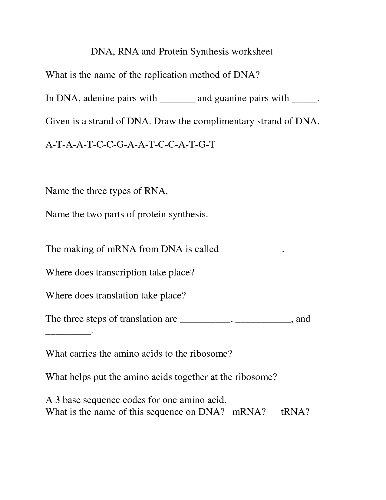 Protein Synthesis Worksheet DNA and RNA Image