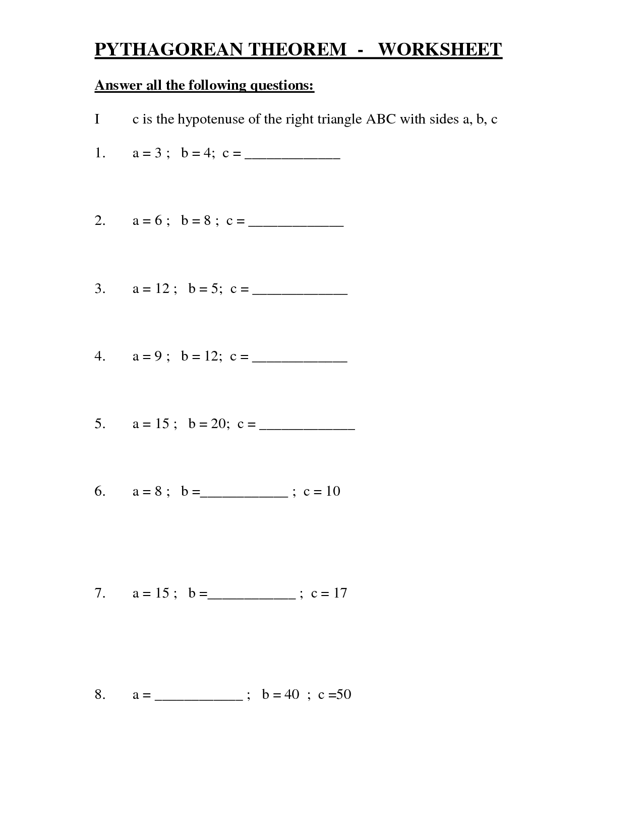 Right Triangle Pythagorean Theorem Worksheets Image