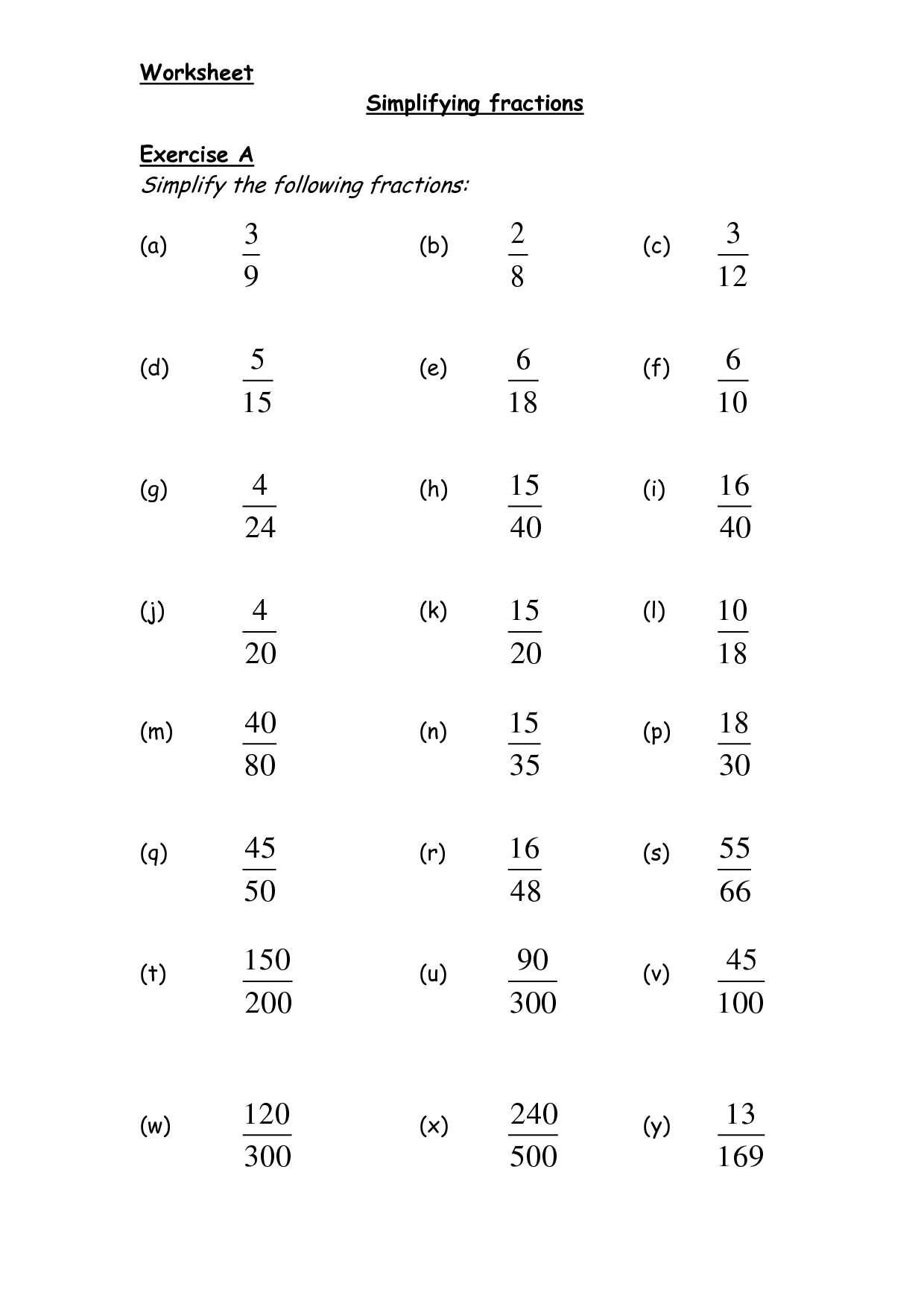 Free Printable Worksheets On Simplifying Fractions