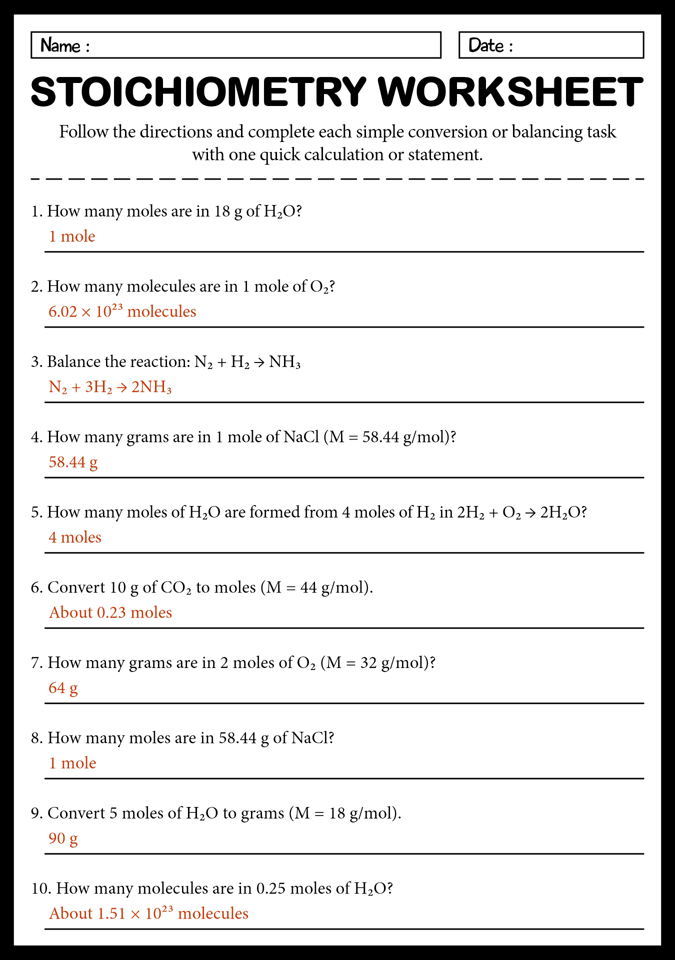 Chemistry 1 Stoichiometry Worksheet Answers