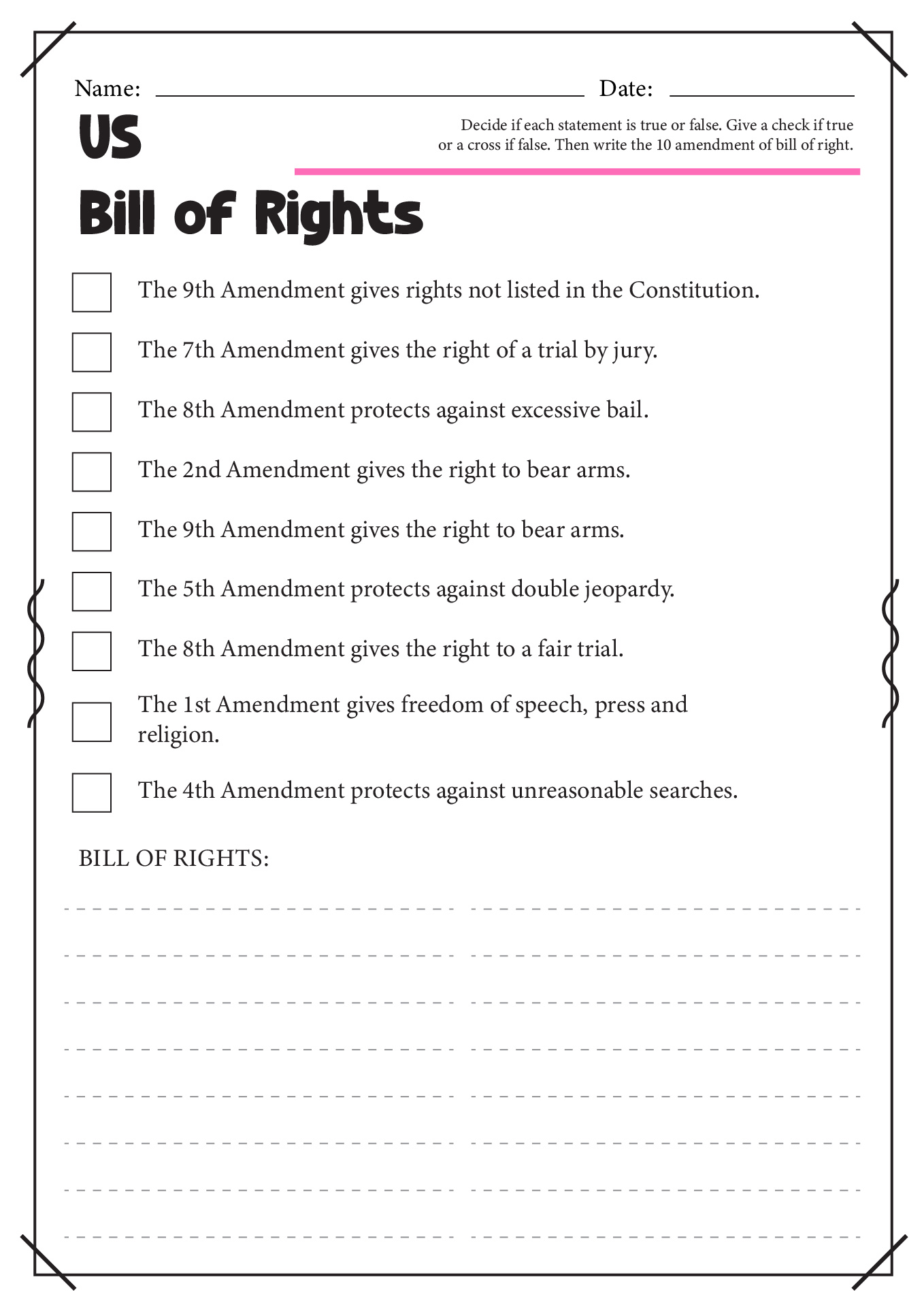 Us Bill of Rights Worksheet Image