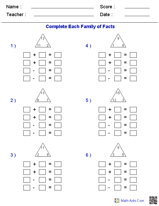Addition Subtraction Fact Family Worksheet