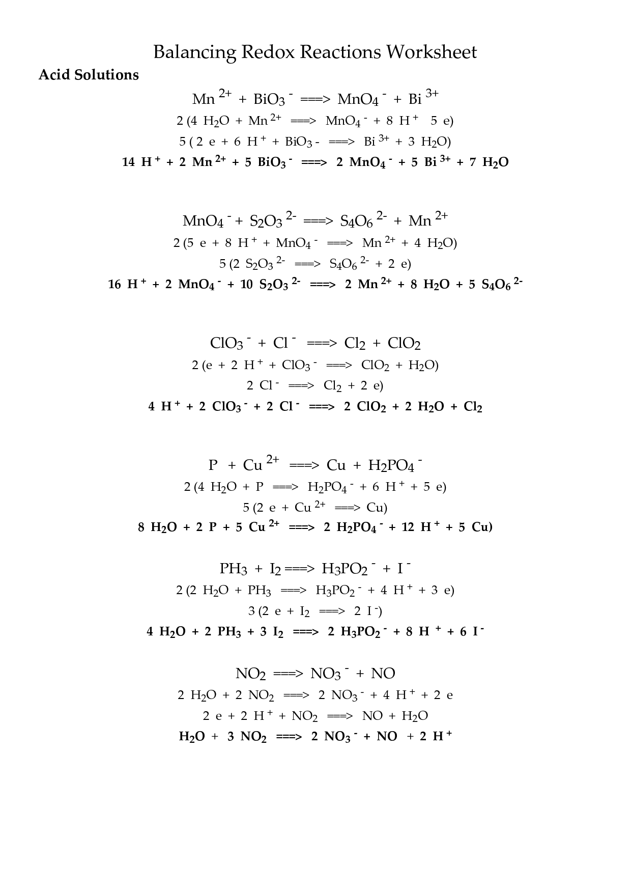 Balancing Redox Reactions In Neutral Solution Worksheet With Answers
