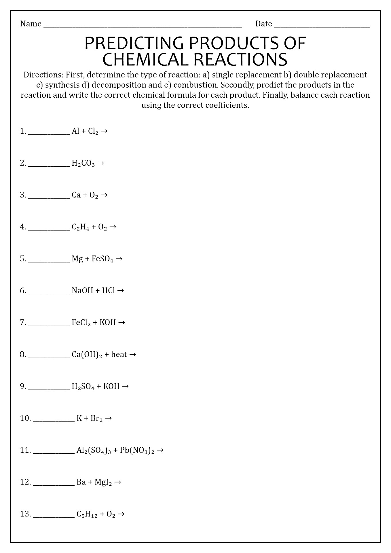 Reaction Prediction Worksheets
