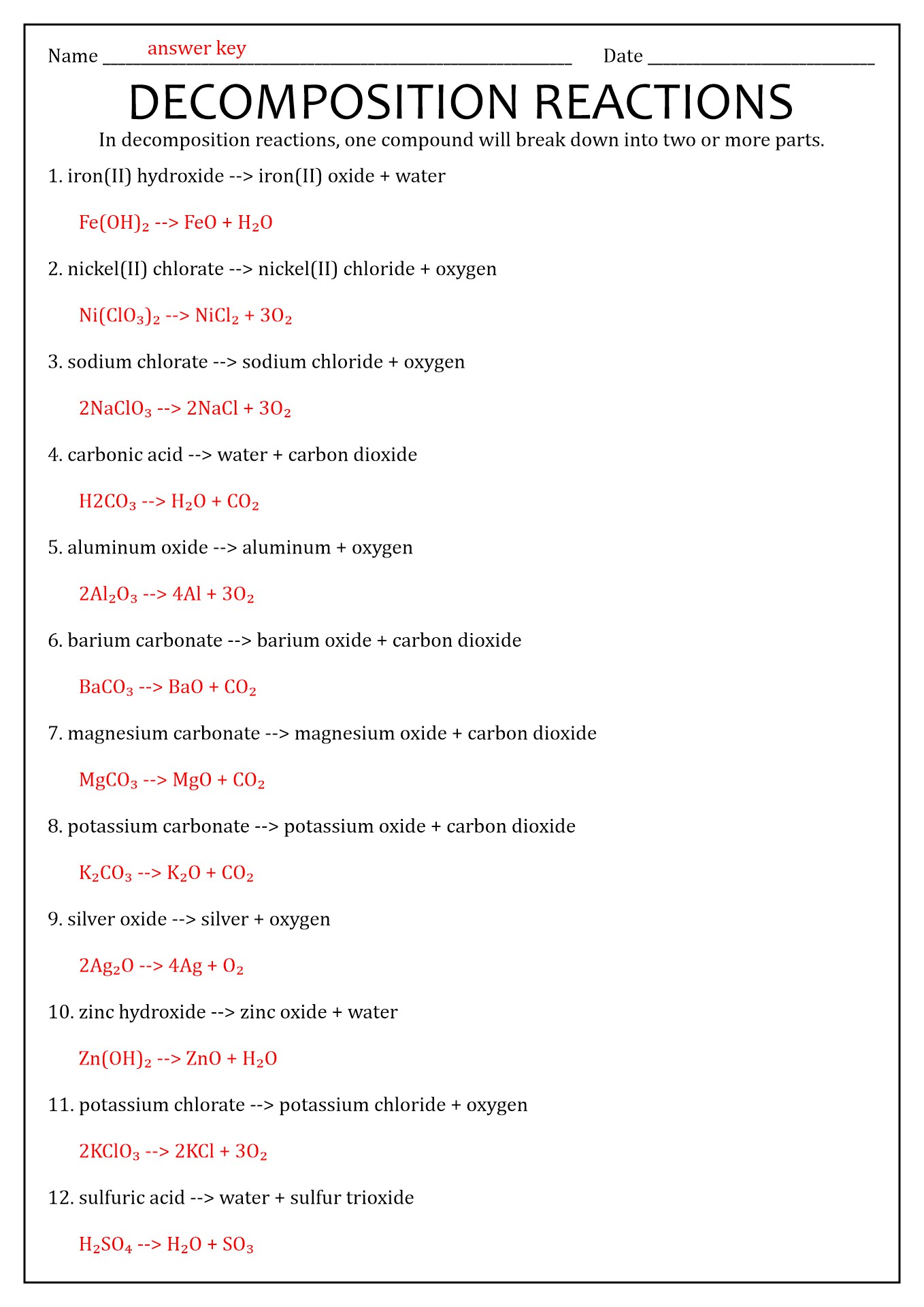 types of chemical reactions synthesis and decomposition worksheet