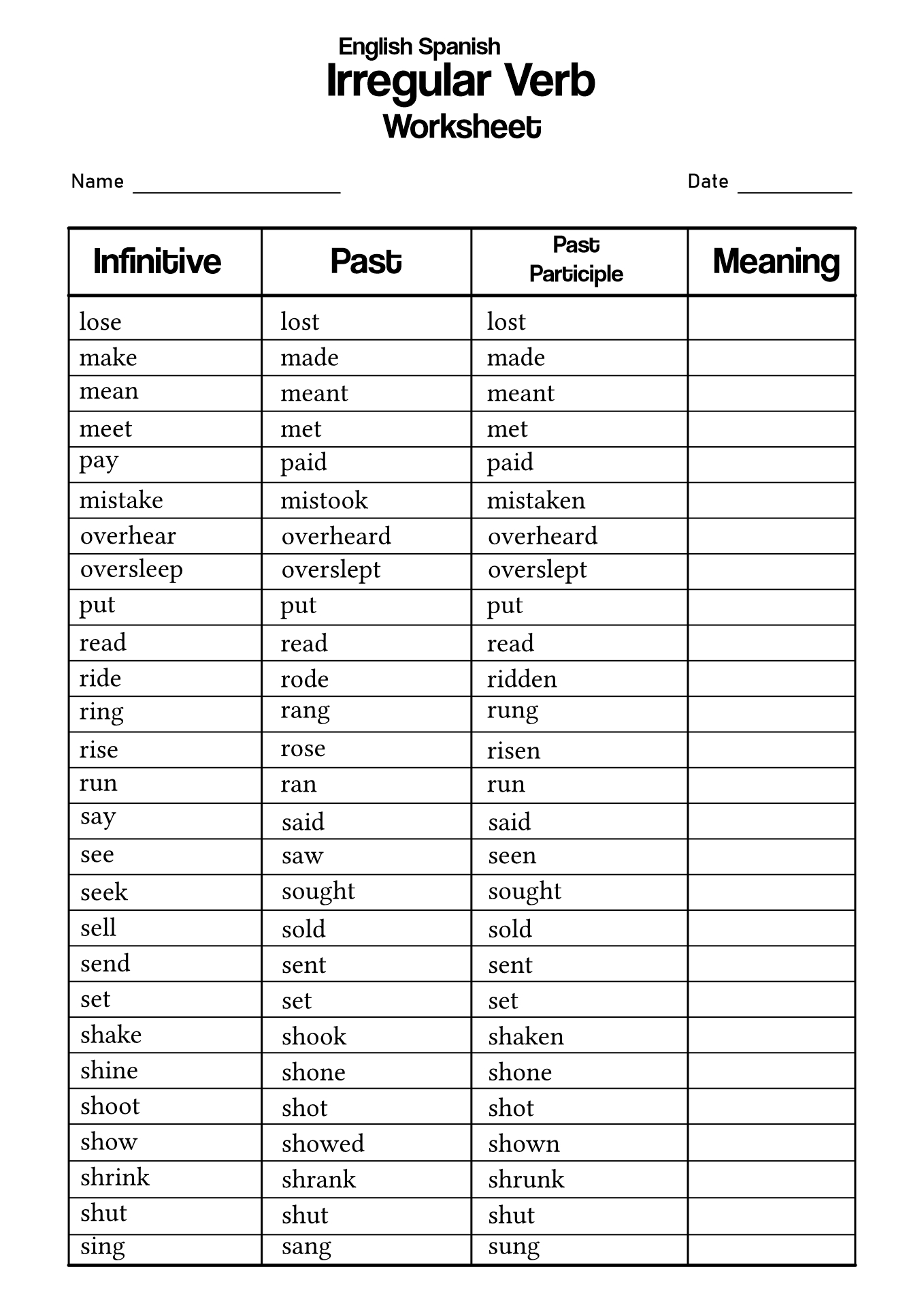 English and Spanish Irregular Verbs Worksheet Image