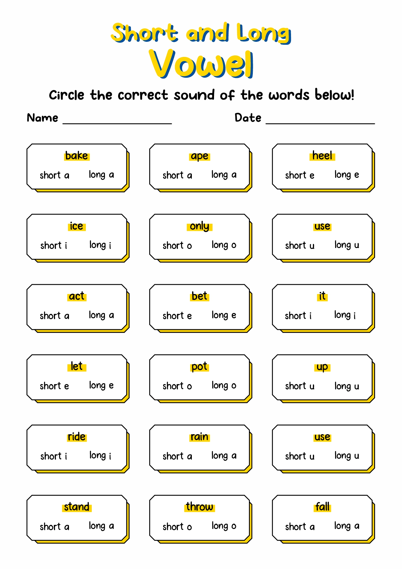 Long and Short Vowels Worksheets 2nd Grade