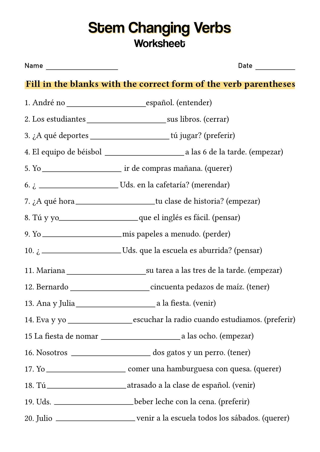 Present Tense Stem Changing Verbs Worksheets