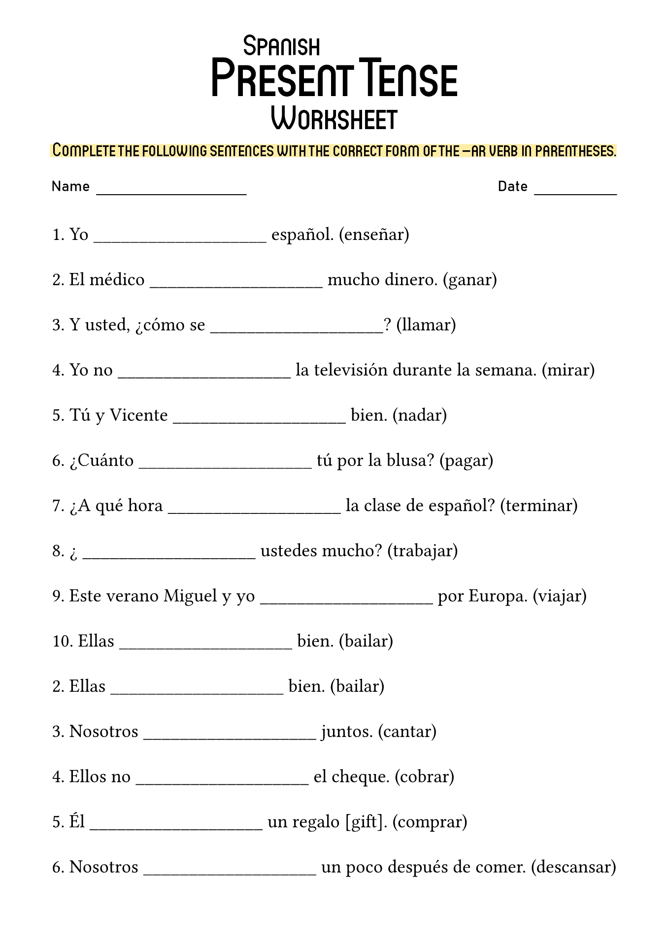 Spanish AR Verb Conjugation Worksheet Image