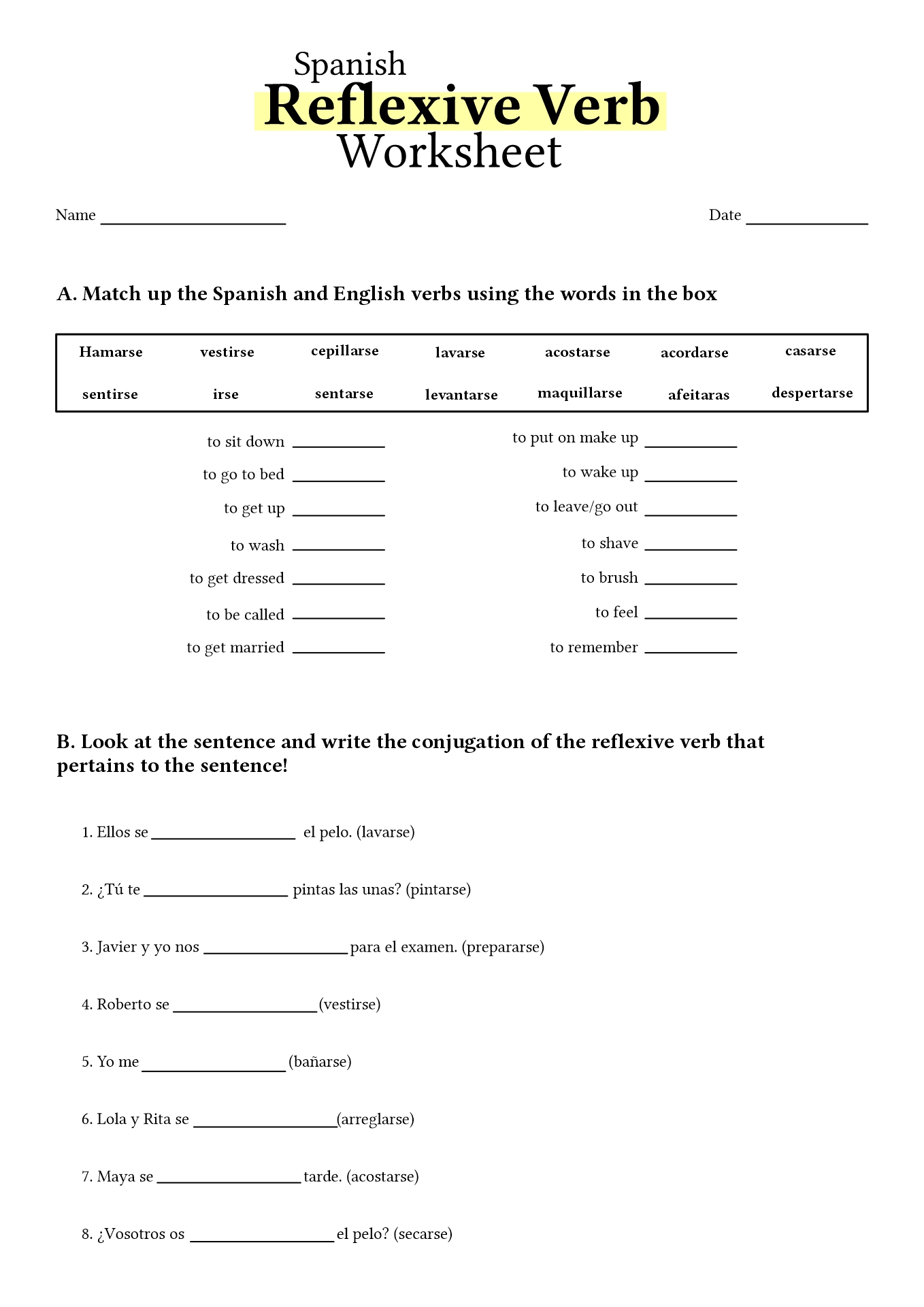 Spanish Reflexive Verbs Worksheet