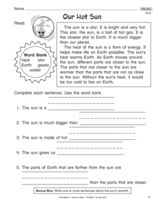 Sun Reading Comprehension Worksheets Image