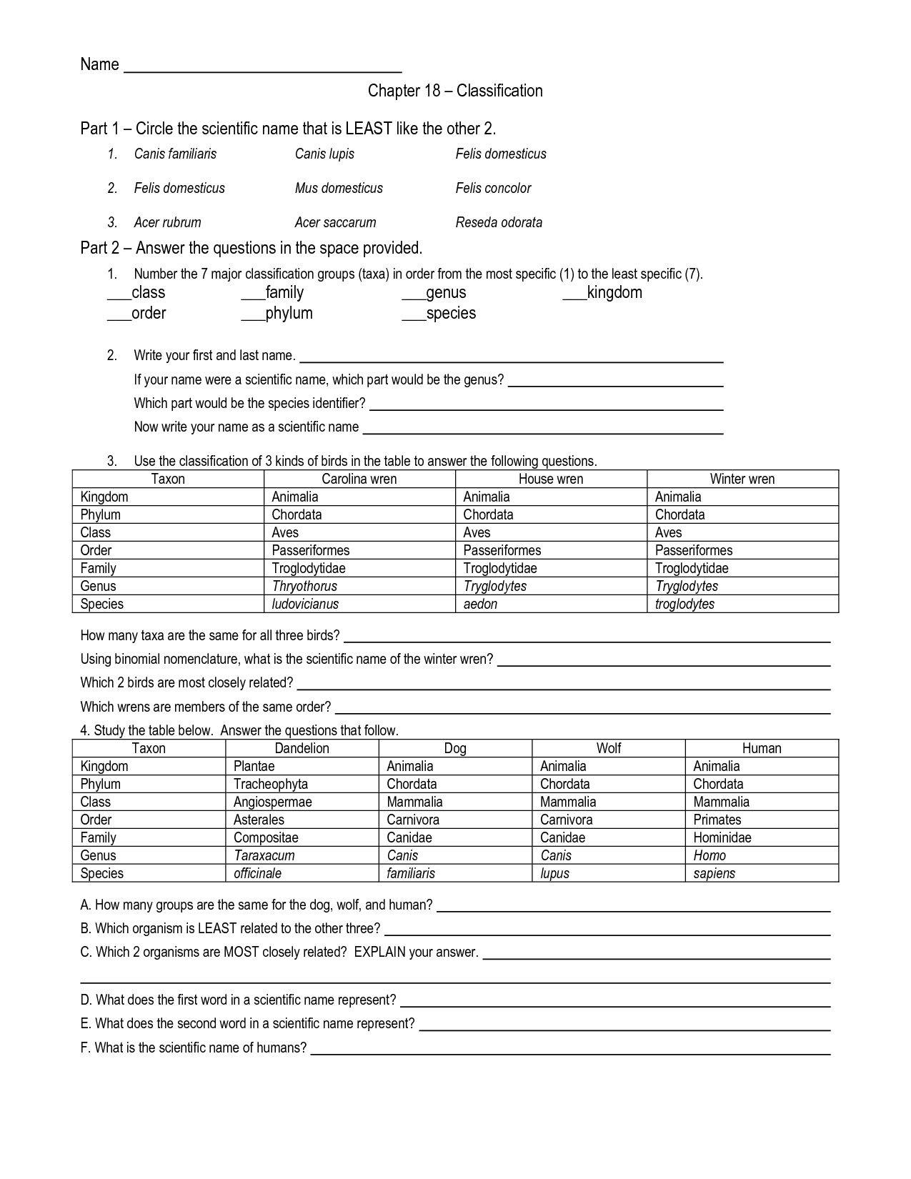 Worksheet for Chapter 18 Classification Answers Image