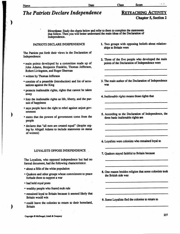 American Declaration of Independence Worksheet Answers Image