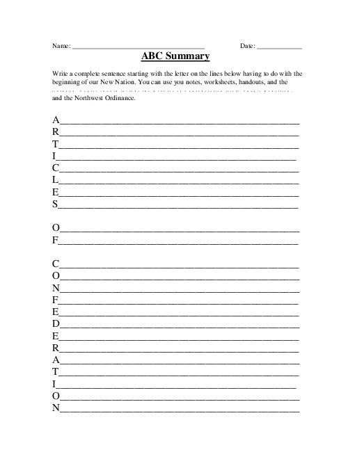 Articles of Confederation Summary Worksheet Image