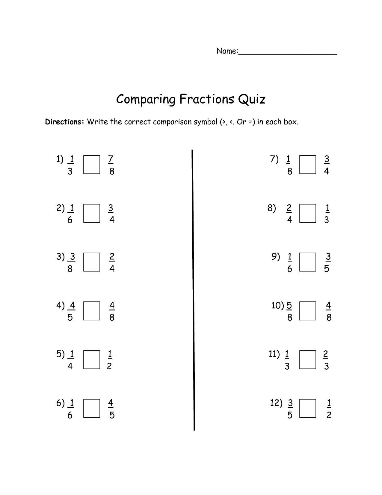 Fraction Comparison Worksheet Throughout Comparing Fractions And Decimals Worksheet