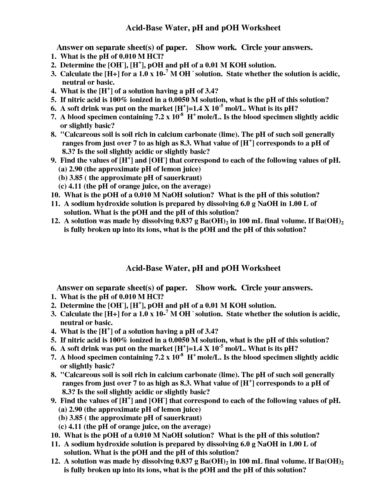 pH and Poh Calculations Worksheet Image