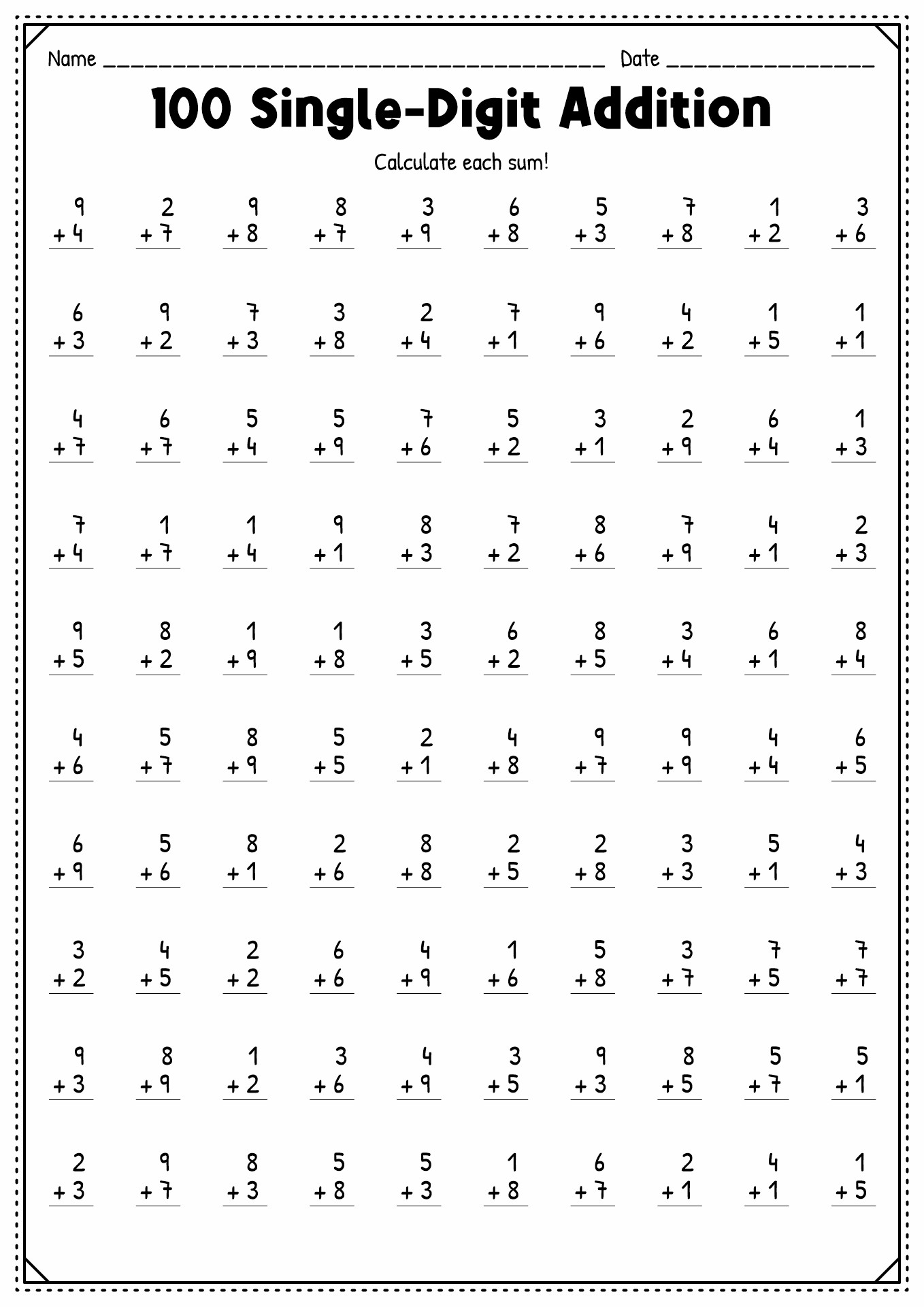 Printable Math Addition Drill Worksheets