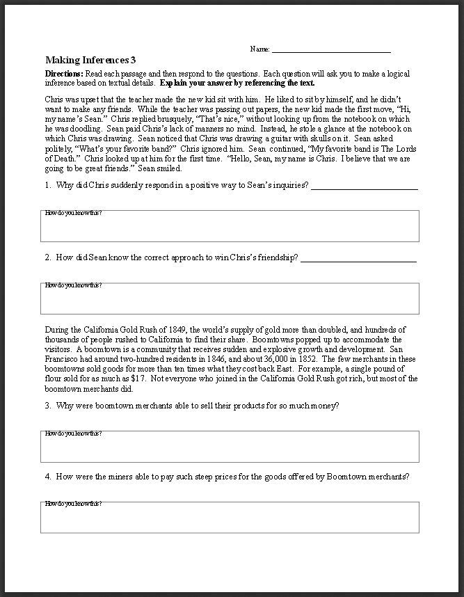 Reading Inference Worksheets Middle School