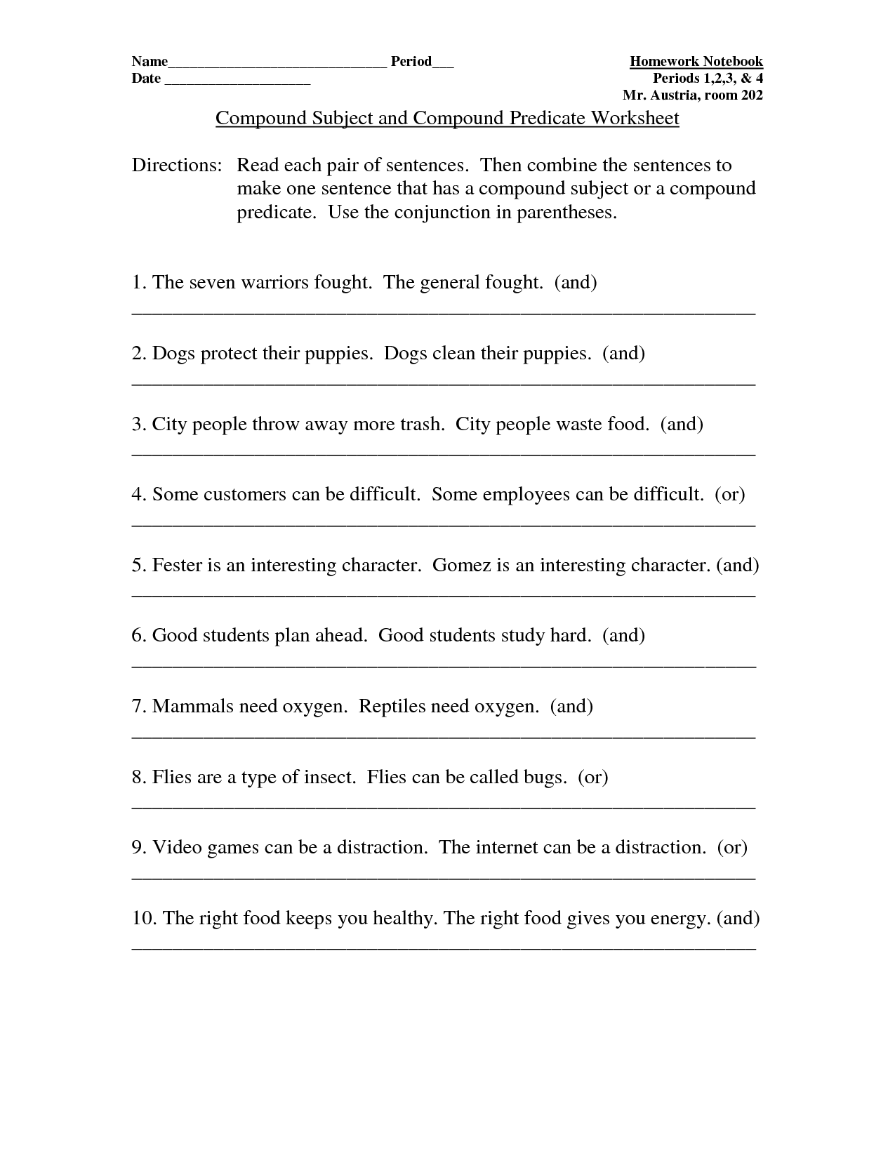 Simple Sentences With Compound Subjects Worksheets