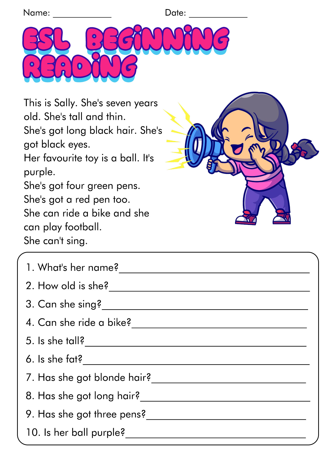 Beginner ESL Reading Comprehension Worksheets Image
