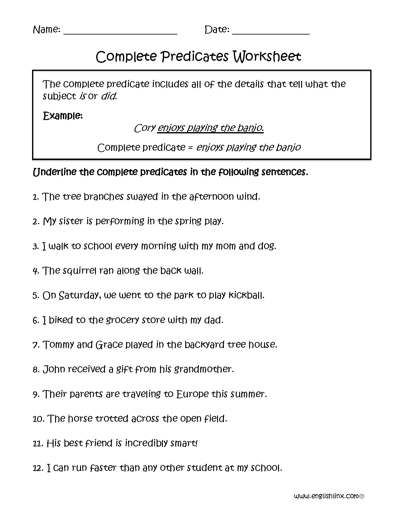 Complete Subject and Predicate Worksheets