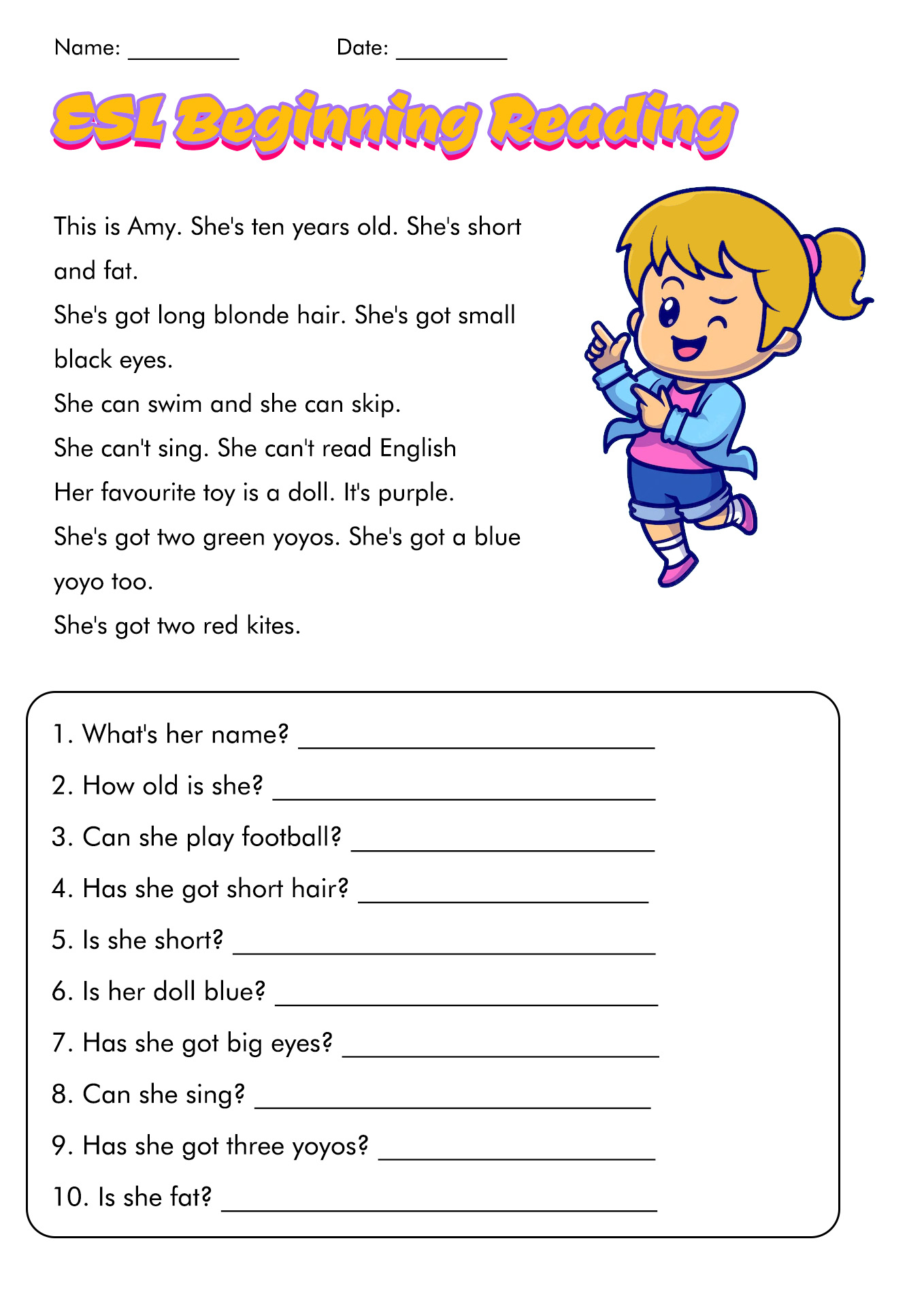 Esl Reading Worksheet