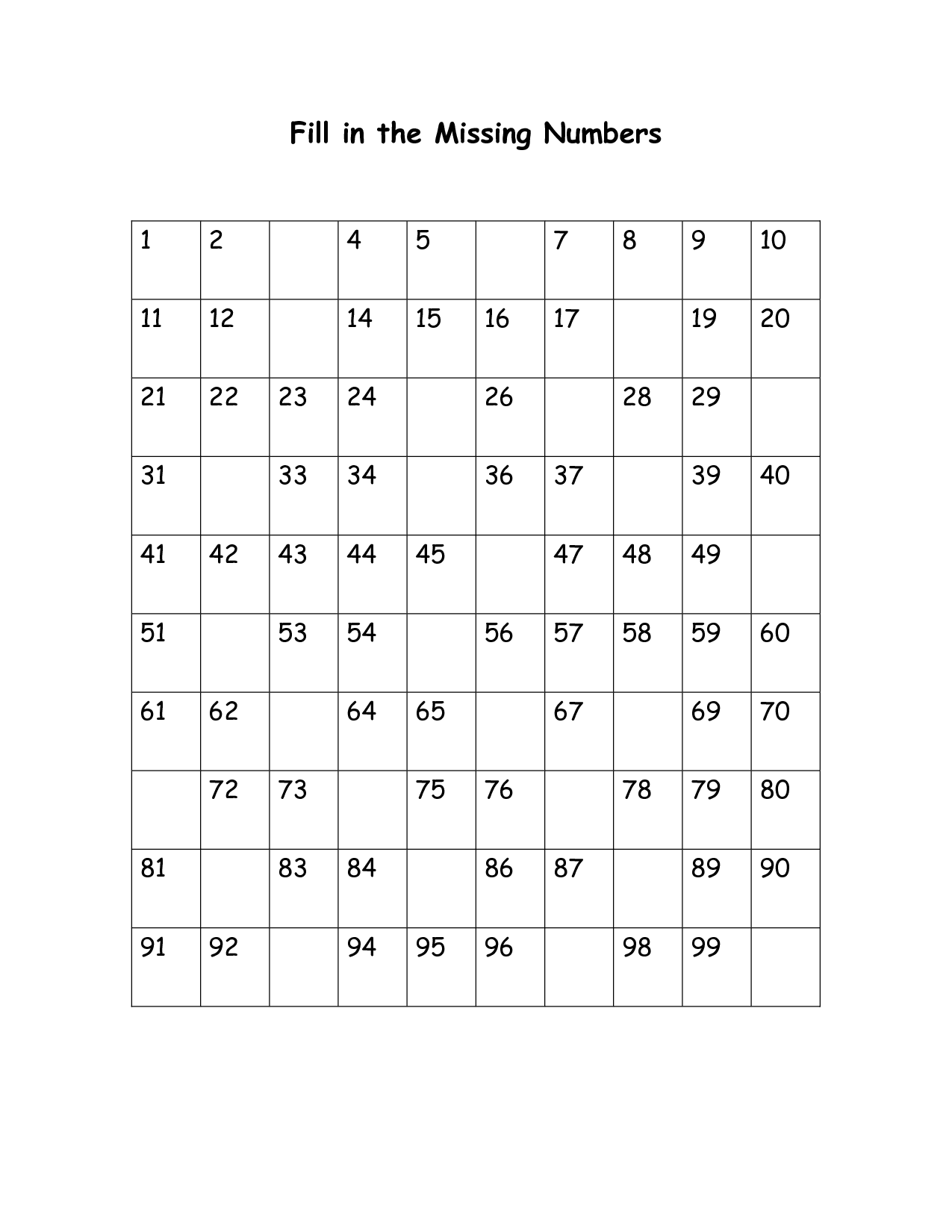 Fill Missing Number Worksheets Image