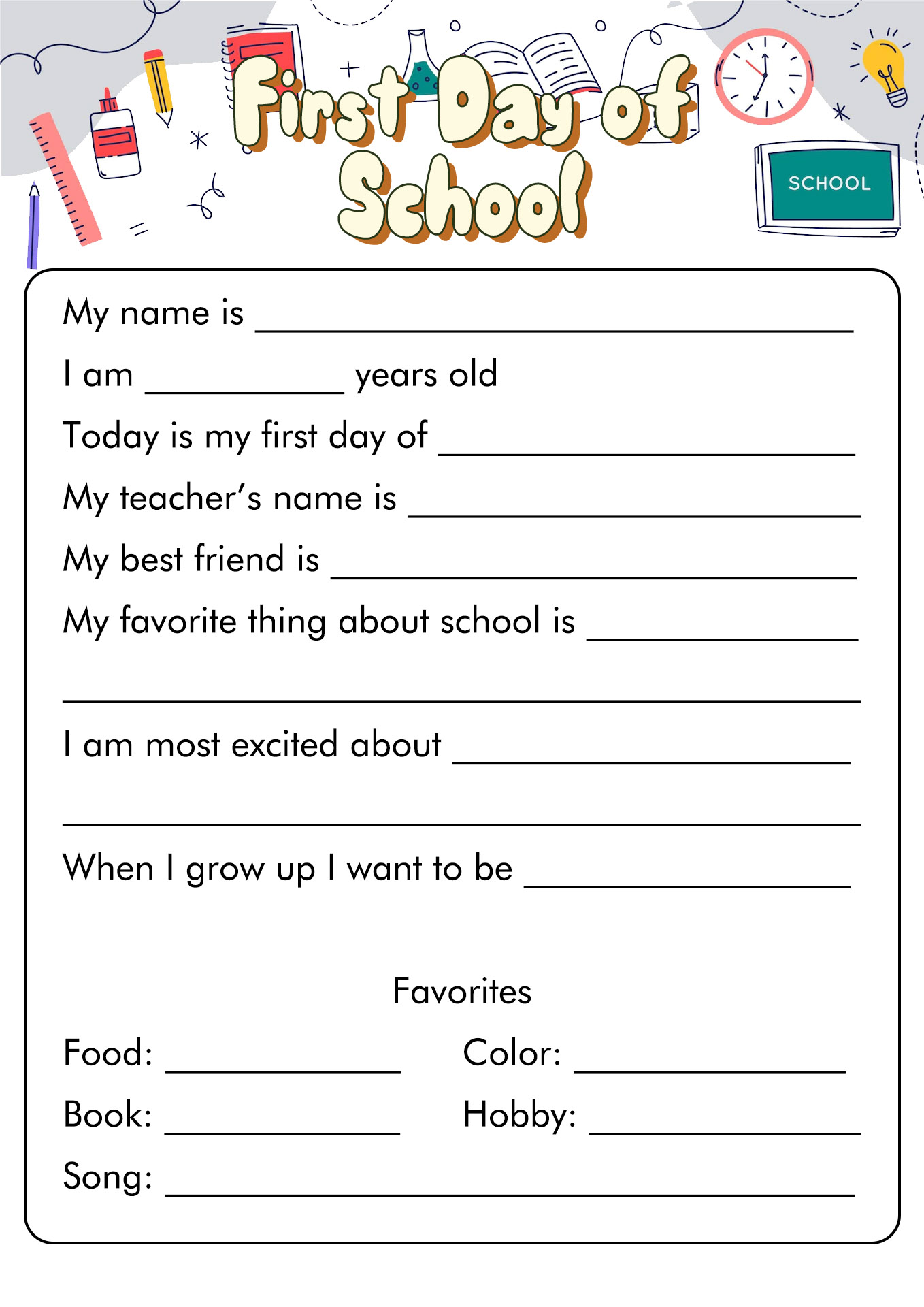 First Day of School Printable Worksheets Image