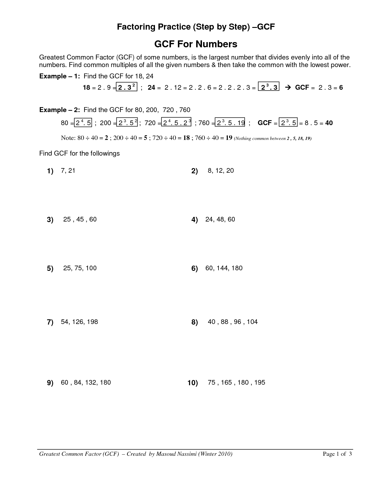 algebra 2 gcf worksheet