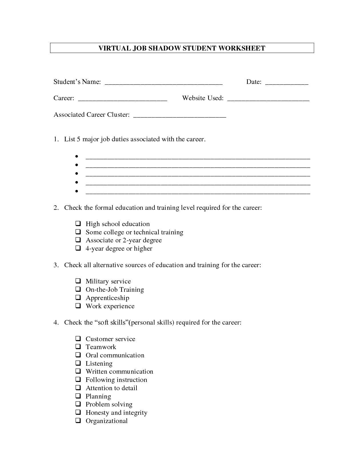 High School Career Worksheets for Students Image